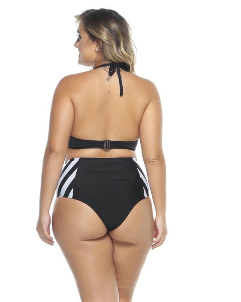 Black and white striped high waisted bikini sale